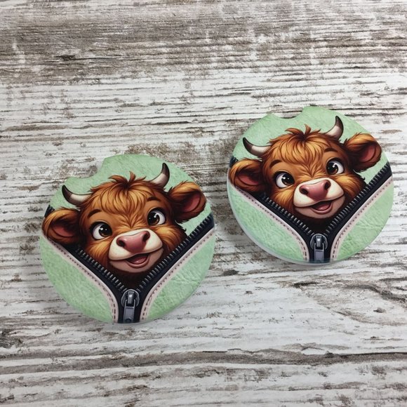 Highland Cow Peek-a-Boo Zipper Car Coasters Set of 2 - Picture 5 of 6